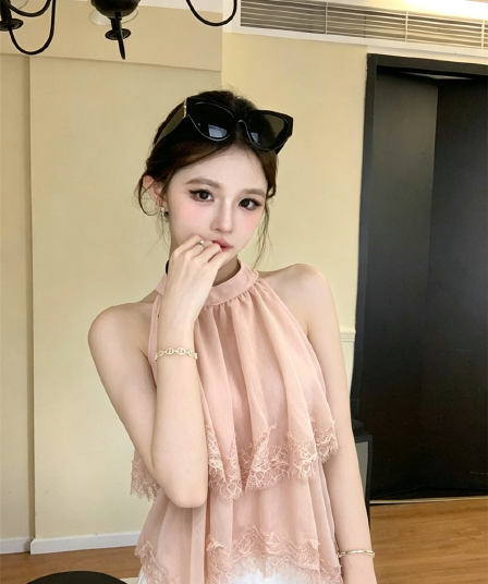실사 여름 법 색 품격 라운드 넥 패치워크 페이크 레이어드 행침 목 종류 오프숄더 조끼 섹시함 프릴 맨위