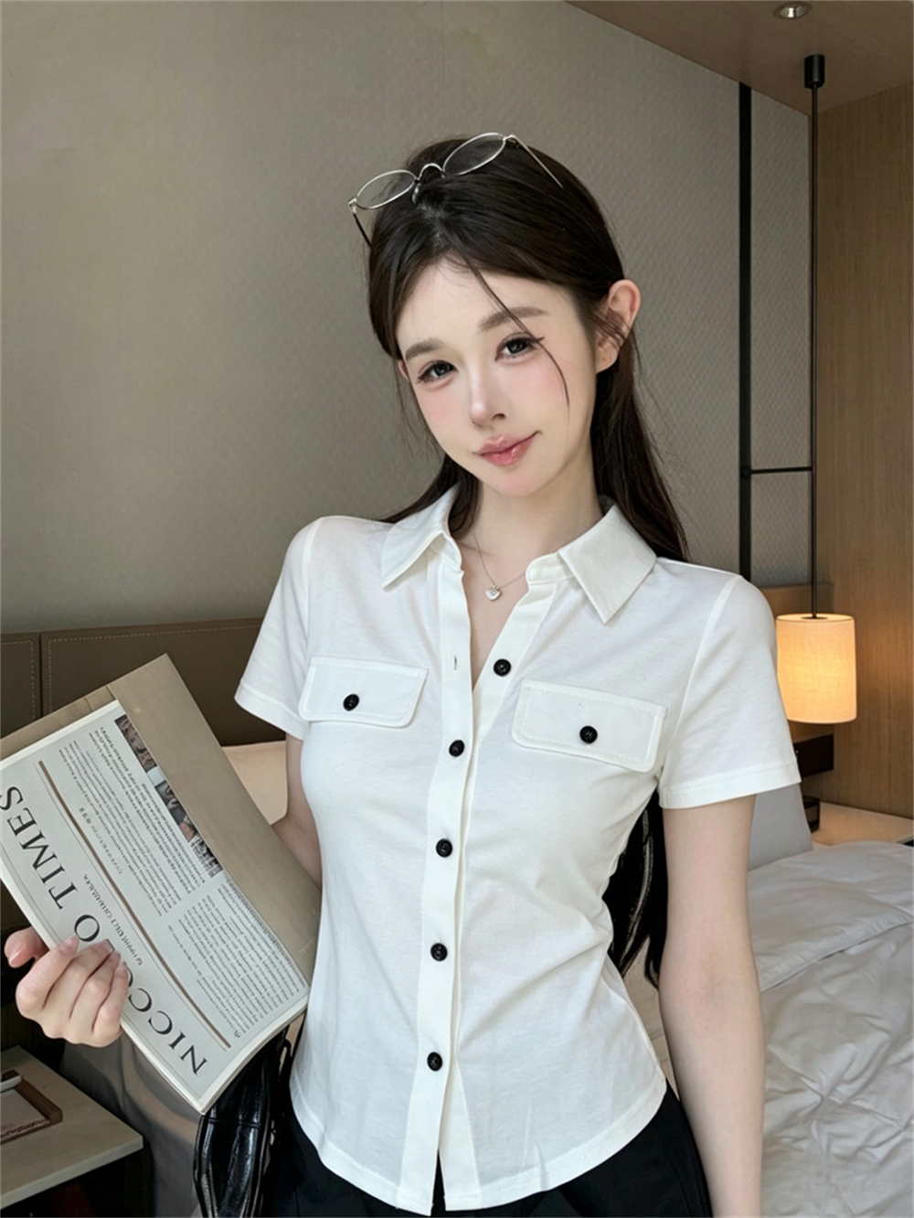 실사 여름 품격 POLO 칼라 면 신축성 디자인 센스 중간 소매 오픈 가디건 티셔츠 몸매 가꾸기 핫걸 쇼트 스타일 셔츠