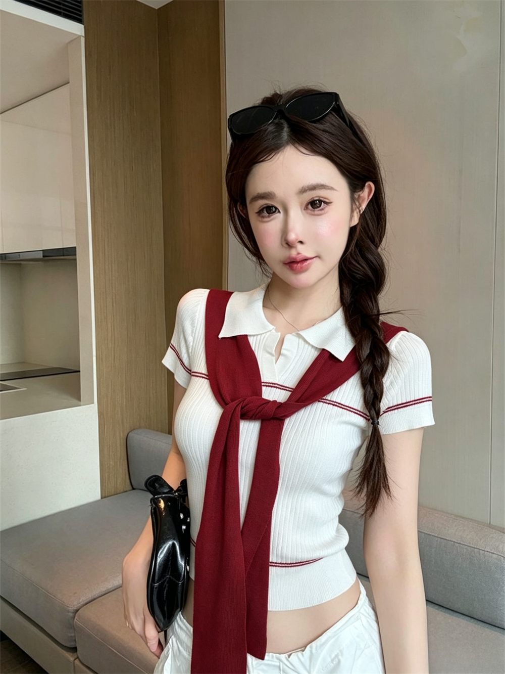 실사 여름 달콤함 POLO 칼라 패치워크 반팔 풀오버 맨위 몸매 가꾸기 경기 리본 핫걸 스트라이프 니트 티셔츠