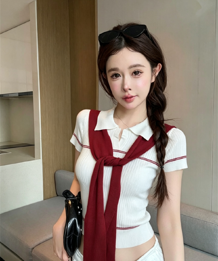 실사 여름 달콤함 POLO 칼라 패치워크 반팔 풀오버 맨위 몸매 가꾸기 경기 리본 핫걸 스트라이프 니트 티셔츠