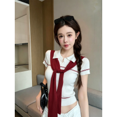 批发实拍夏季<b class='q'>甜美</b>POLO领拼接短袖套头上衣修身配飘带辣妹条纹针织T恤