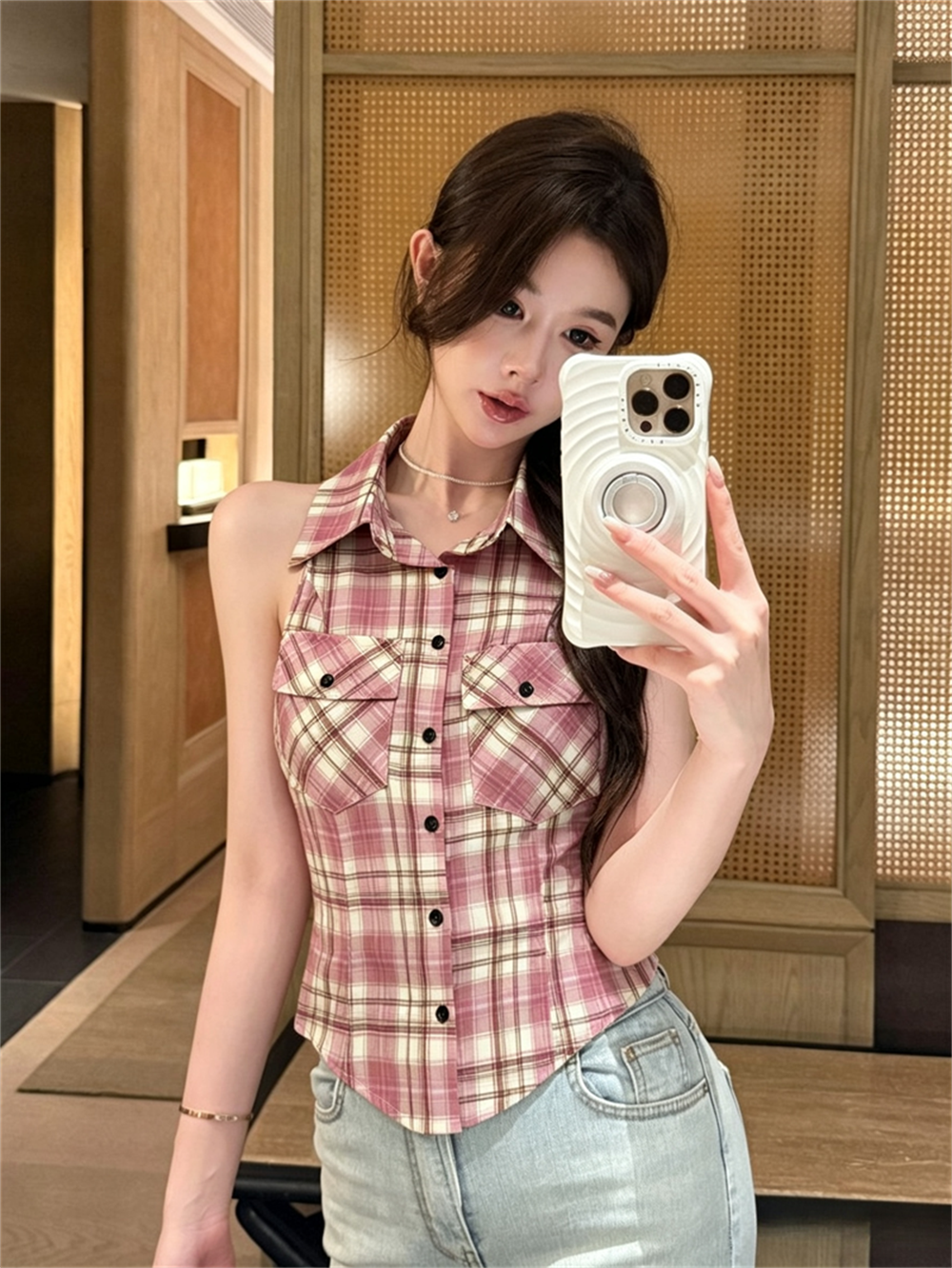 여름 불규칙 이슬 허리 POLO 칼라 패치워크 체크무늬 싱글 줄 버튼 쇼트 스타일 레이스업 나비 매듭 몸매 가꾸기 조끼 맨위