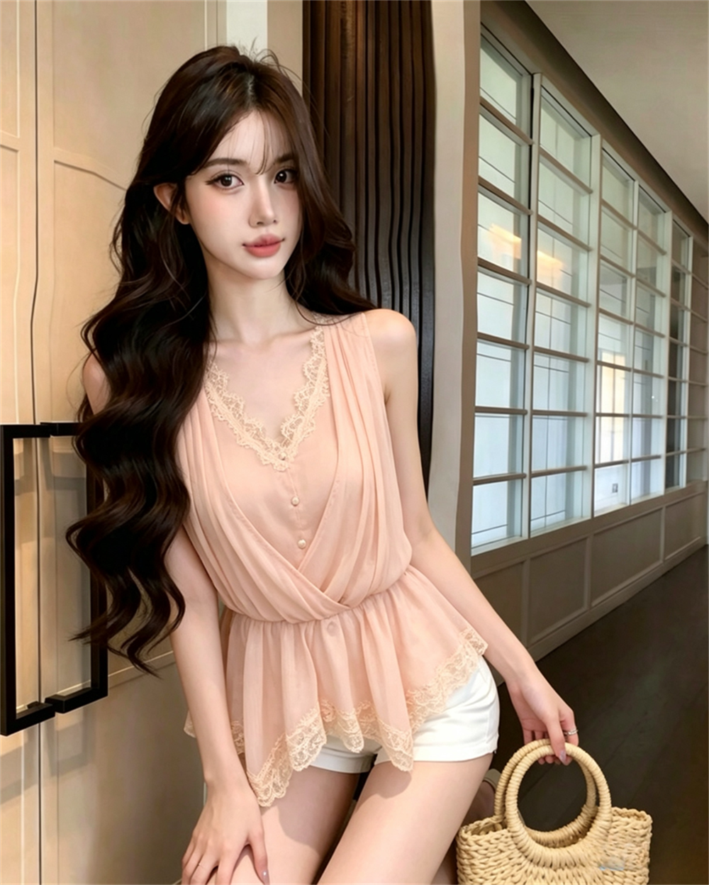 실사 여름 순수한 욕망 V넥 패치워크 레이스 측면 몸매 가꾸기 민소매 조끼 디자인 센스 핫걸 페이크 레이어드 허리 수축 티셔츠