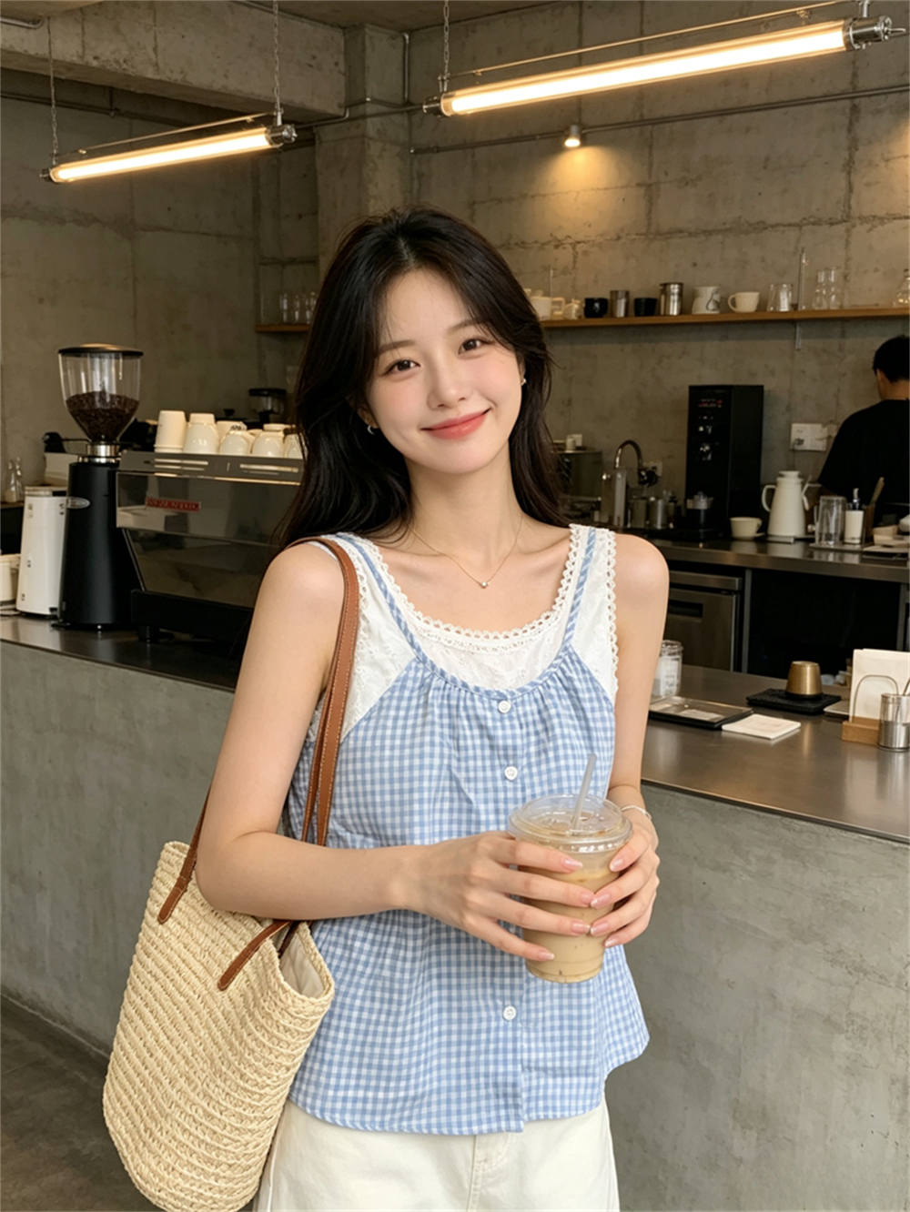 실사 여름 캐주얼 낮음 라운드 넥 패치워크 체크무늬 루즈핏 싱글 줄 버튼 조끼 달콤함 풀오버 페이크 레이어드 티셔츠