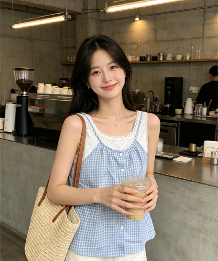 실사 여름 캐주얼 낮음 라운드 넥 패치워크 체크무늬 루즈핏 싱글 줄 버튼 조끼 달콤함 풀오버 페이크 레이어드 티셔츠