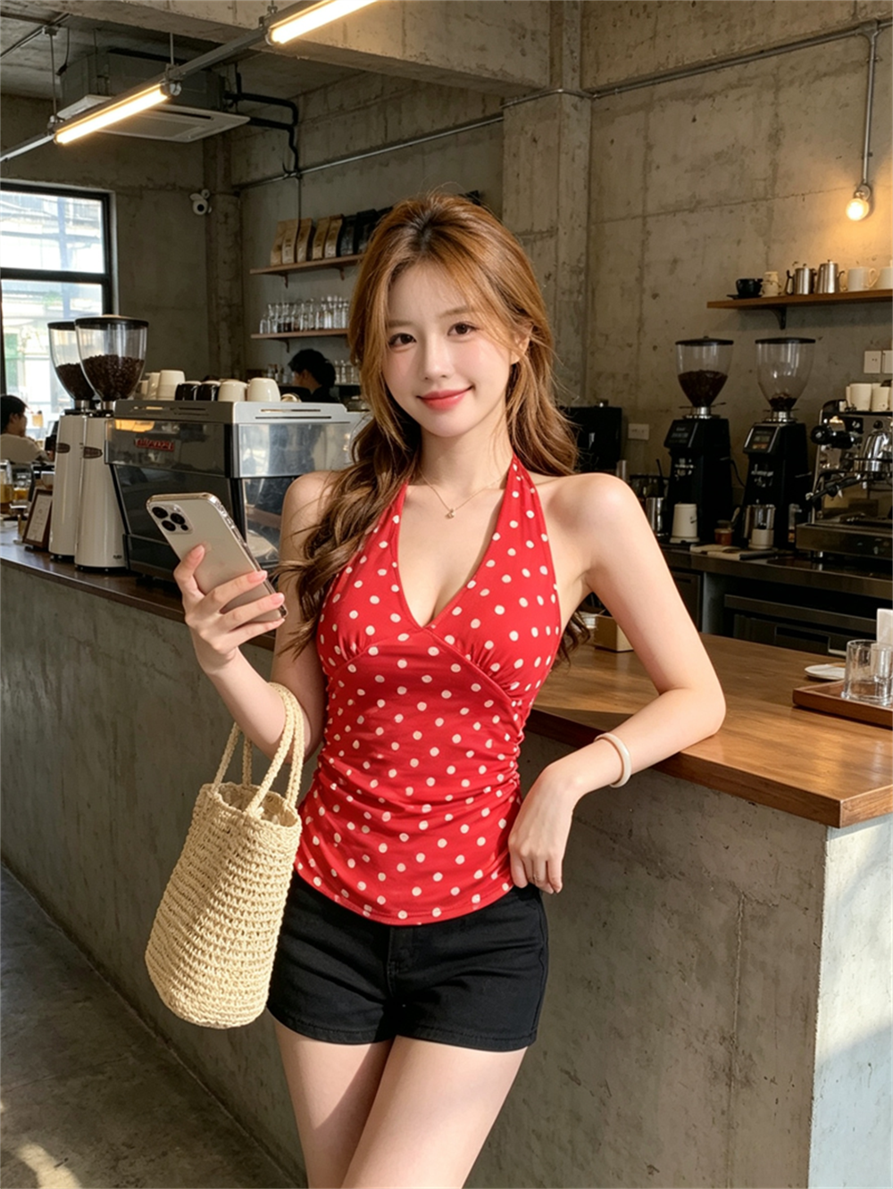 여름 순수한 욕망 바람 깊은 V 넥 패치워크 도트 무늬 행침 목 스타일 쇼트 스타일 티셔츠 섹시함 백리스 몸매 가꾸기 레이스업 조끼 슬립