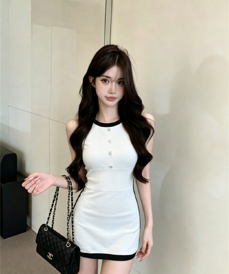 실사 여름 디자인 센스 라운드 넥 패치워크 배색 민소매 느긋한 바람 미니 스커트 페이크 레이어드 달콤함 니트 드레스
