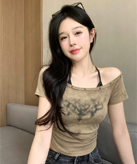 실사 여름 디자인 센스 비스듬한 칼라 패치워크 행침 목 스타일 몸매 가꾸기 카모플라주 맨위 핫걸 쇼트 스타일 페이크 레이어드 티셔츠