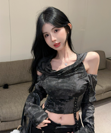 실사 가을 순수한 욕망 바람 풀오버 x 종류 디자인 센스 오프숄더 패치워크 몸매 가꾸기 핫걸 쇼트 스타일 후드 캐주얼 티셔츠