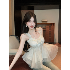 批发实拍夏季V领甜美收腰抹胸型套头上衣蝴蝶结荷叶边无袖背心吊带