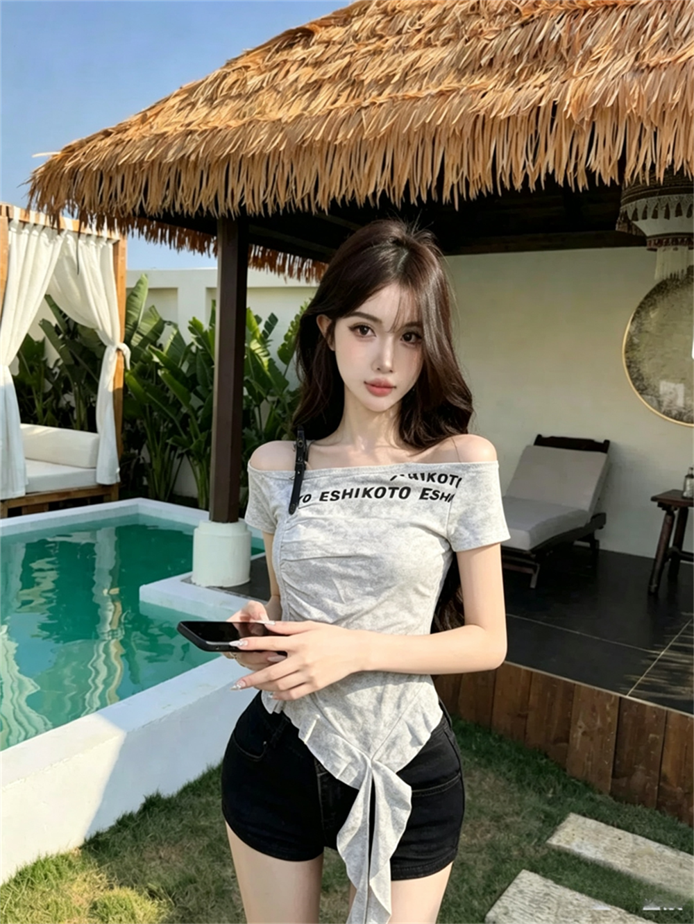 실사 여름 비스듬한 어깨 패치워크 카모플라주 몸매 가꾸기 반팔 핫걸 불규칙 쇼트 스타일 디자인 센스 펌프 Pleat 패션 티셔츠