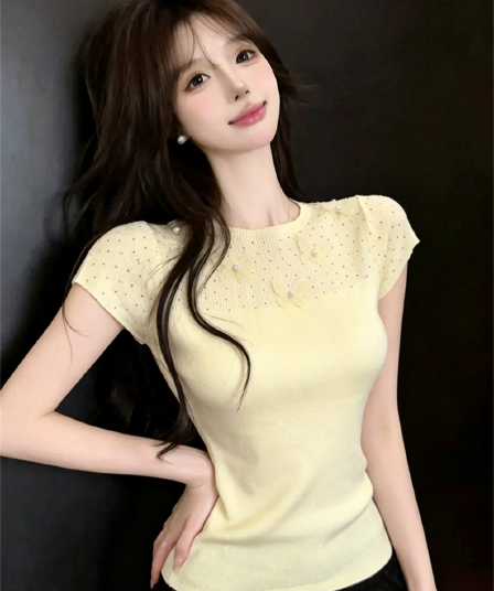 실사 여름 라운드 넥 패치워크 3 차원 꽃 몸매 가꾸기 반팔 스팽글 달콤함 디자인 센스 풀오버 니트 티셔츠