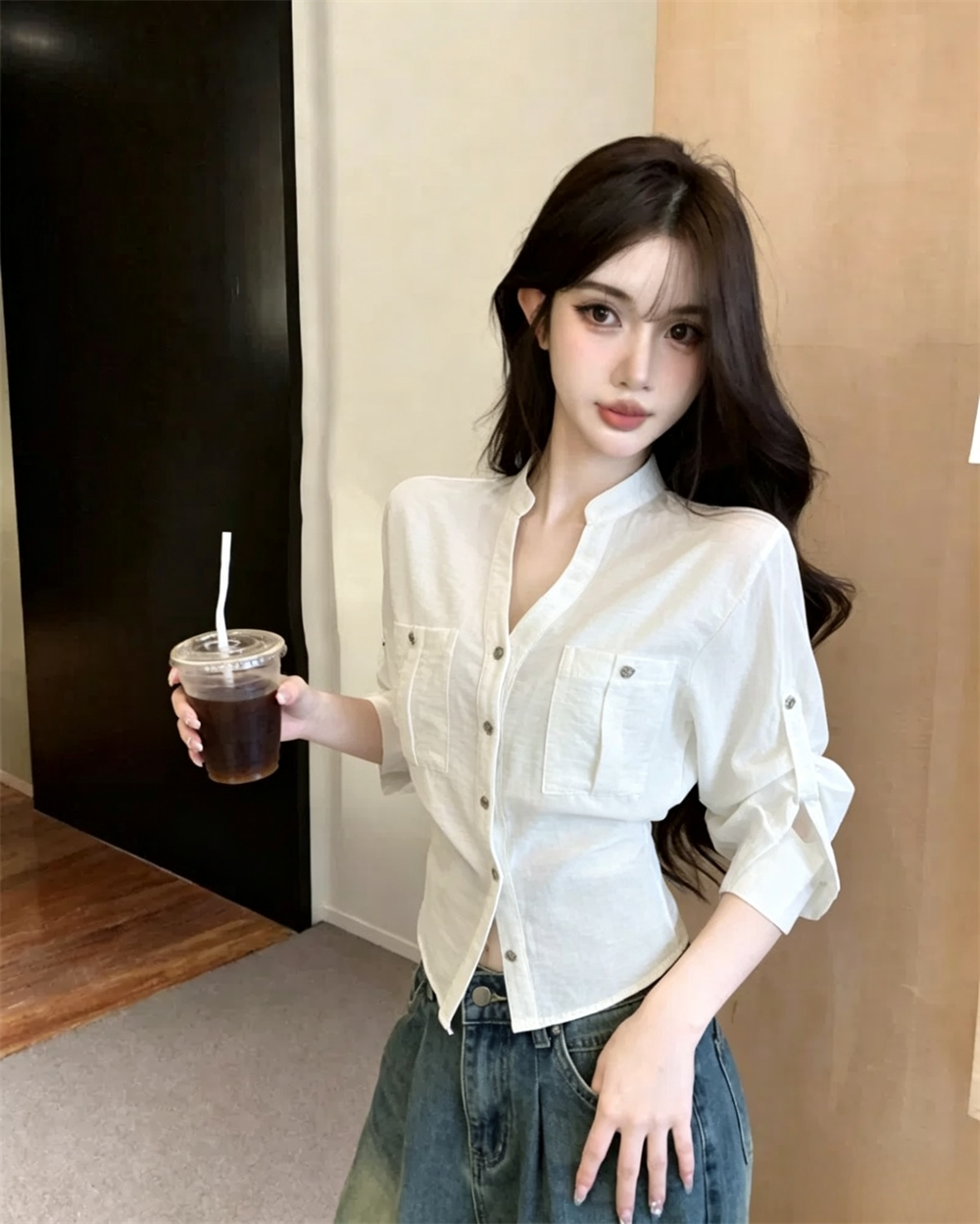실사 봄 가을 수직 칼라 면 신축성 디자인 센스 긴팔 수 있습니다. 중간 소매 티셔츠 몸매 가꾸기 핫걸 섹시함 불규칙 셔츠