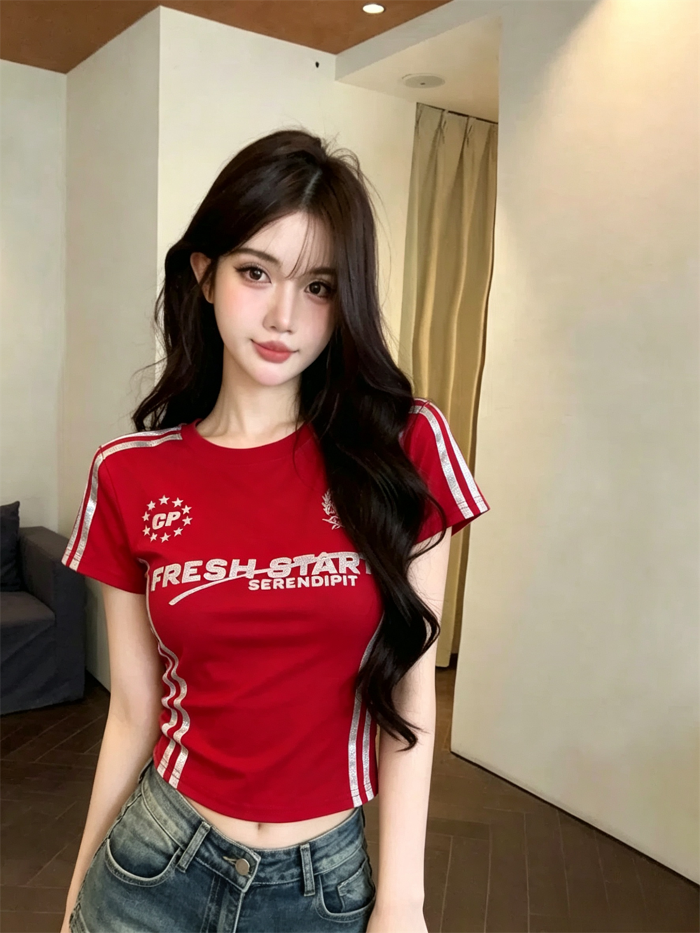 실사 여름 라운드 넥 패치워크 알파벳 염색 몸매 가꾸기 벨트 어깨 패드 맨위 핫걸 쇼트 스타일 디자인 센스 바 기사 티셔츠