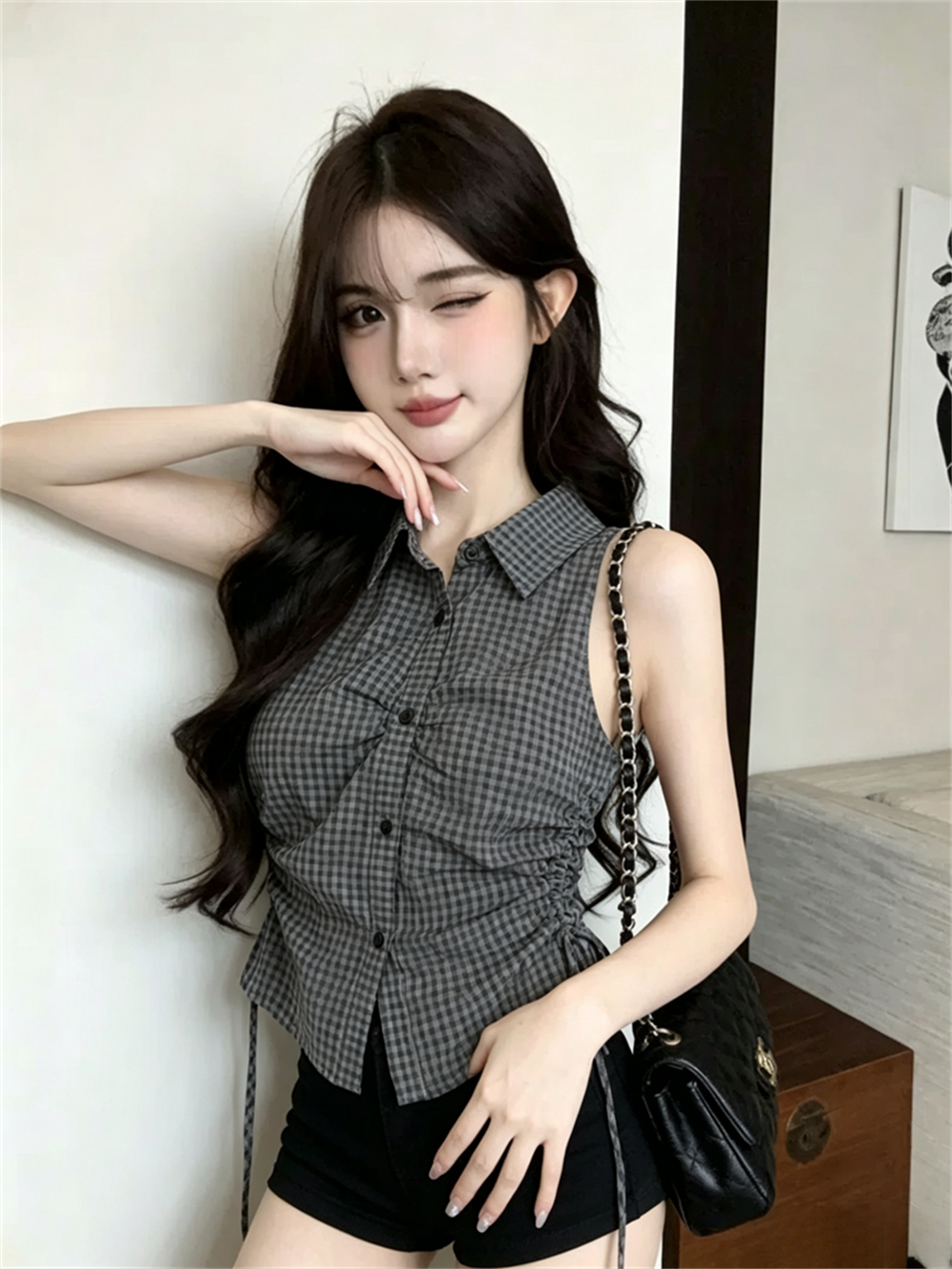실사 여름 디자인 센스 POLO 칼라 패치워크 싱글 줄 버튼 레이스업 조끼 몸매 가꾸기 펌프 로프 핫걸 민소매 맨위