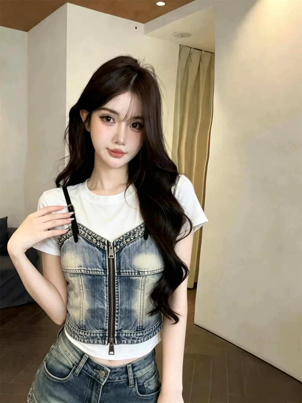 실사 여름 라운드 넥 패치워크 어깨끈 핫픽스 몸매 가꾸기 반팔 맨위 핫걸 쇼트 스타일 가짜 2 피스 슈트 홀치기 염색 티셔츠