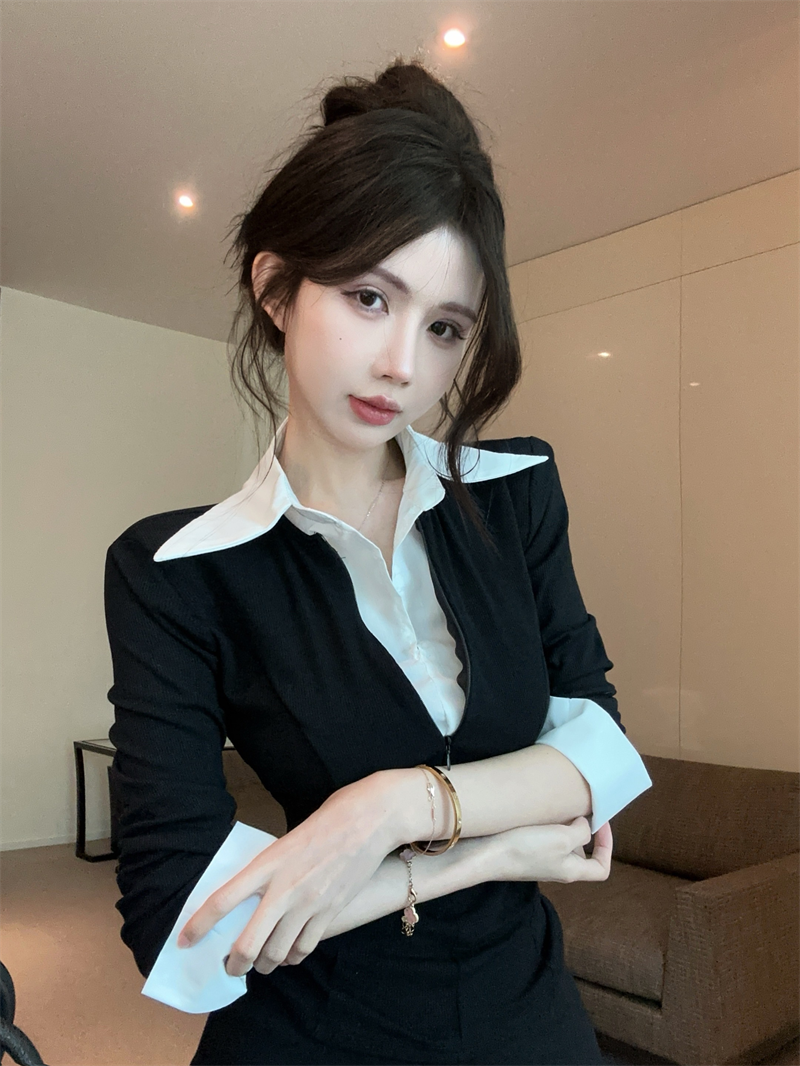 실사 봄 가을 한국 스타일 POLO 칼라 패치워크 지퍼 섹션 몸매 가꾸기 페이크 레이어드 수 있습니다. 소금 수 있습니다. 달콤한 셔츠 소매 핫걸 티셔츠