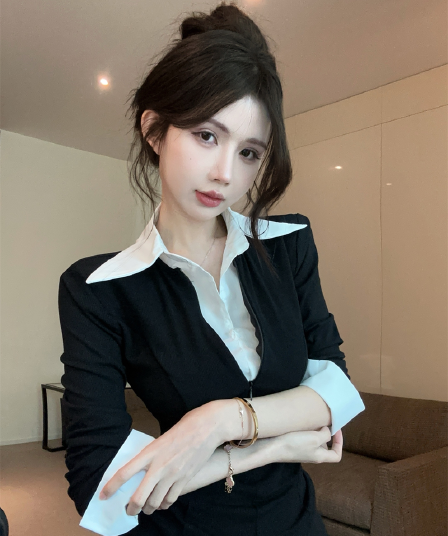 실사 봄 가을 한국 스타일 POLO 칼라 패치워크 지퍼 섹션 몸매 가꾸기 페이크 레이어드 수 있습니다. 소금 수 있습니다. 달콤한 셔츠 소매 핫걸 티셔츠