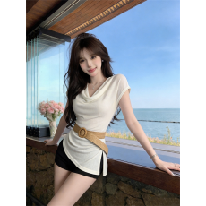 批发实拍夏季法式荡领拼接开叉收腰显瘦上衣纯欲风辣妹<b class='q'>中长款</b>套头<b class='q'>T</b><b class='q'>恤</b>