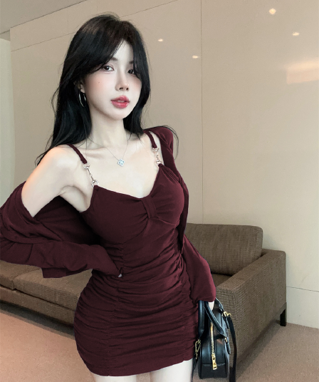실사 봄 가을 낮음 V넥 섹시함 타이트 스커트 슬립 드레스 쇼트 스타일 긴팔 오픈 가디건 숄 투피스 세트