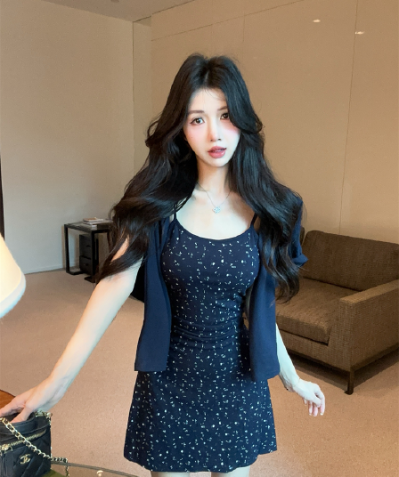 실사 봄 가을 보트넥 섹시함 타이트 스커트 꽃무늬 슬립 드레스 쇼트 스타일 긴팔 오픈 가디건 숄 투피스 세트