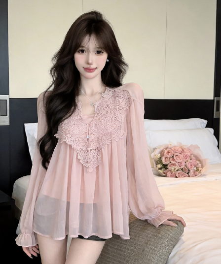 실사 가을 프랑스식 V넥 레이스 자수 순수한 욕망 바람 루즈핏 쉬폰 블라우스 경기 몸매 가꾸기 캐미솔 투피스 세트