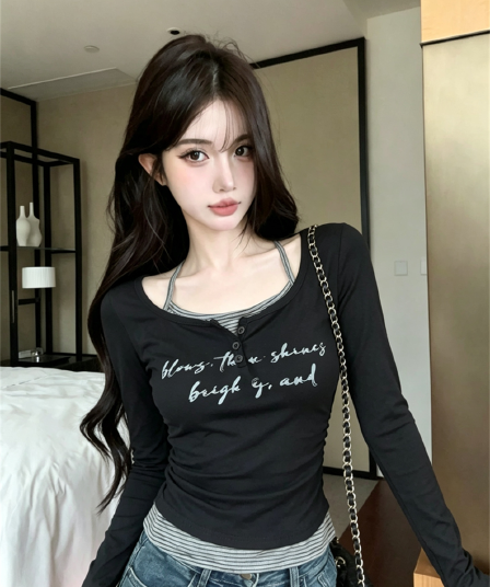 실사 가을 라운드 넥 패치워크 스트라이프 행침 목 색상 레이스업 몸매 가꾸기 긴팔 불규칙 펌프 Pleat 페이크 레이어드 티셔츠