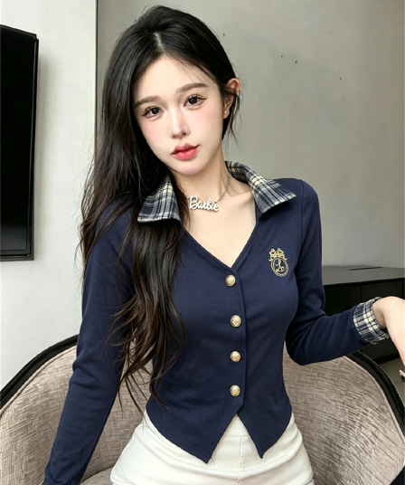 실사 가을 POLO 칼라 패치워크 쇼트 스타일 불규칙 몸매 가꾸기 페이크 레이어드 수 있습니다. 소금 수 있습니다. 달콤한 소매 핫걸 오픈 가디건 셔츠
