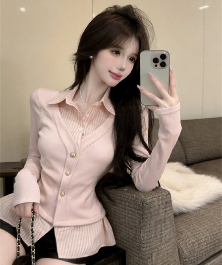 실사 가을 디자인 센스 POLO 칼라 패치워크 스트라이프 몸매 가꾸기 긴팔 불규칙 달콤함 페이크 레이어드 오픈 가디건 티셔츠