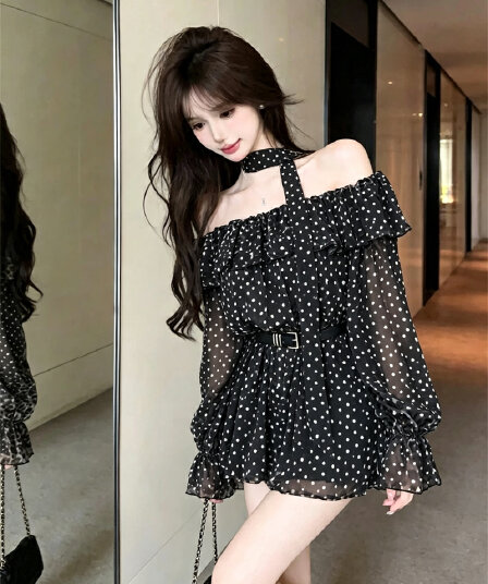 실사 봄 가을 프랑스식 보트넥 달콤함 허리 수축 스카프 중간 길이 티셔츠 순수한 욕망 바람 레오파드 무늬 긴팔 드레스