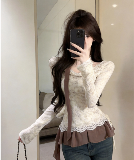 실사 가을 프랑스식 흔들다 칼라 패치워크 쉬폰 긴팔 페이크 레이어드 레이스업 순수한 욕망 바람 리본 핫걸 풀오버 티셔츠
