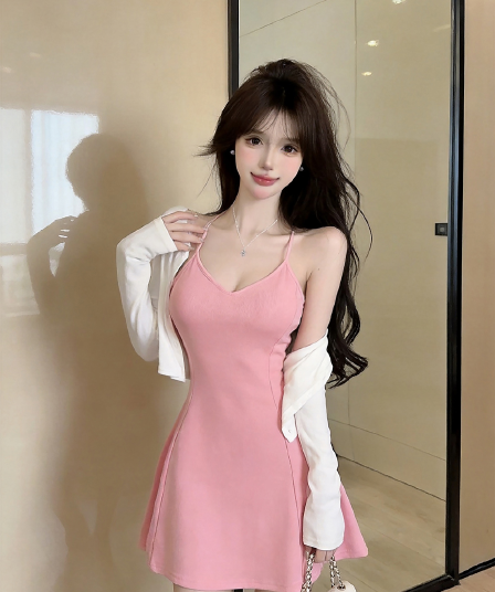 실사 봄 가을 V넥 섹시함 타이트 스커트 허리 수축 슬립 드레스 쇼트 스타일 긴팔 오픈 가디건 숄 핫걸 투피스 세트