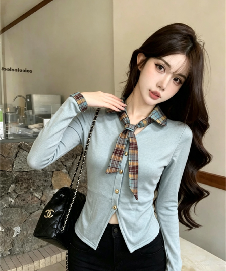 실사 봄 가을 달콤함 POLO 칼라 패치워크 체크무늬 경기 넥타이 몸매 가꾸기 페이크 레이어드 불규칙 핫걸 풀오버 티셔츠