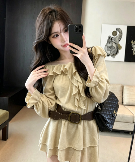 실사 봄 가을 프랑스식 보트넥 달콤함 허리 수축 중간 길이 티셔츠 순수한 욕망 바람 긴팔 불규칙 프릴 치마