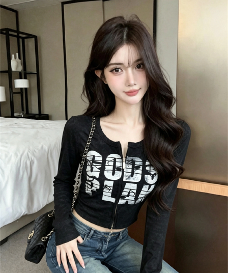 실사 봄 가을 느긋한 바람 라운드 넥 패치워크 무거운 작업 지퍼 섹션 몸매 가꾸기 알파벳 쇼트 스타일 염색 핫걸 오픈 가디건 티셔츠