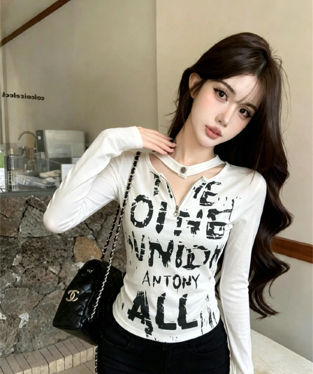 실사 봄 가을 라운드 넥 패치워크 무거운 작업 지퍼 섹션 몸매 가꾸기 디자인 센스 알파벳 쇼트 스타일 염색 핫걸 풀오버 티셔츠