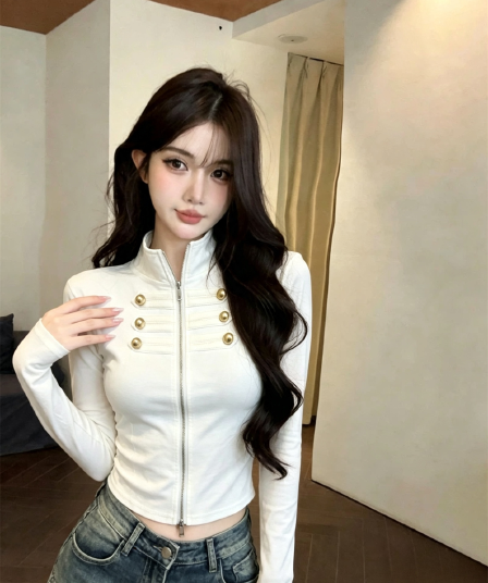 실사 봄 가을 느긋한 바람 스탠드 칼라 패치워크 무거운 작업 지퍼 섹션 몸매 가꾸기 디자인 센스 쇼트 스타일 핫걸 오픈 가디건 티셔츠