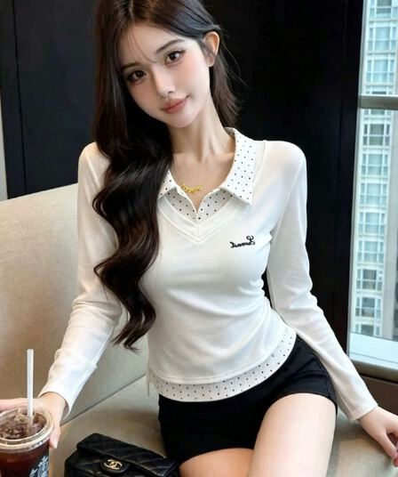 실사 한 스타일 패치워크 도트 무늬 폴로 칼라 티셔츠 허리 수축 슬림해 보이는 기본 셔츠