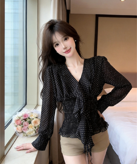 실사 봄 가을 품격 V넥 패치워크 술 프릴 도트 무늬 거품 소매 품격 허리 수축 풀오버 쉬폰 블라우스