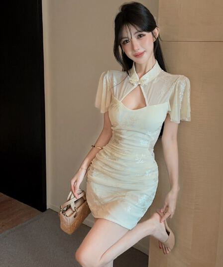 실사 새로운 레트로 품격 섹시함 홀로우 아웃 몸매 가꾸기 타이트 스커트 쇼트 스타일 치파오 드레스 기술자 작업복