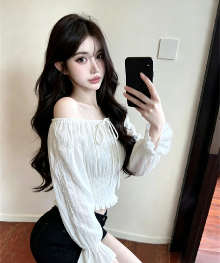 봄 가을 순수한 욕망 바람 보트넥 이슬 쇄골 패치워크 허리 수축 슬림해 보이는 프릴 달콤함 풀오버 레이스업 쇼트 스타일 티셔츠