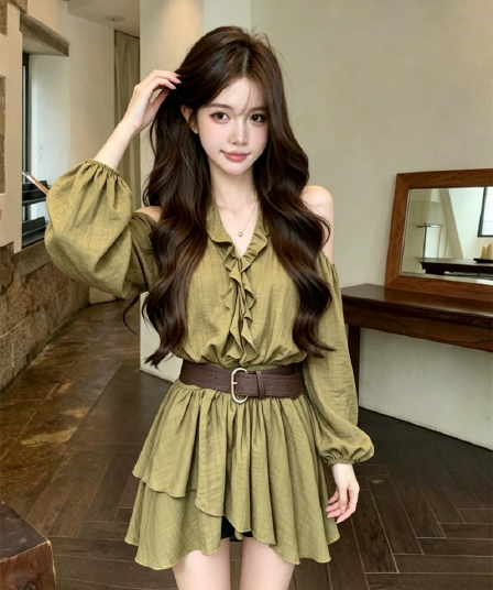 실사 새로운 프랑스식 오프숄더 프릴 허리 수축 벨트 슬림해 보이는 드레스