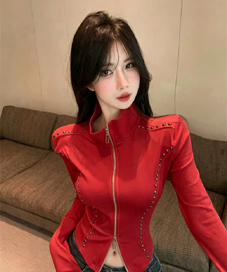 실사 봄 가을 느긋한 바람 폴로 칼라 패치워크 무거운 작업 지퍼 섹션 몸매 가꾸기 불규칙 외국 가스 벨트 어깨 패드 핫걸 티셔츠