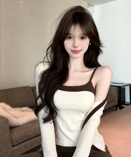 실사 가을 섹시함 허리 수축 백리스 쇼트 스타일 캐미솔 긴팔 핫걸 쇼트 스타일 숄 패치워크 색상 투피스 세트