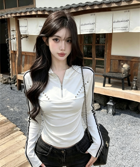 실사 가을 한국 스타일 반 개방 칼라 패치워크 당겨서 사슬 몸매 가꾸기 배색 핫걸 쇼트 스타일 후드 풀오버 캐주얼 티셔츠