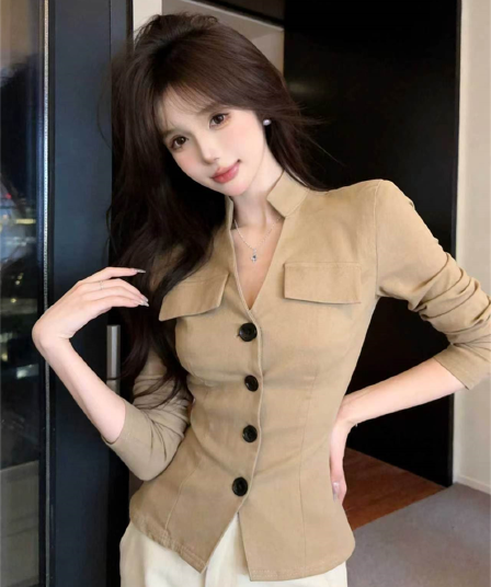 실사 가을 V넥 면 신축성 패치워크 새로운 중식 긴팔 몸매 가꾸기 핫걸 싱글 줄 버튼 쇼트 스타일 오픈 가디건 셔츠