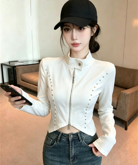 실사 봄 가을 한국 스타일 스탠드 칼라 패치워크 긴팔 무거운 작업 지퍼 섹션 몸매 가꾸기 불규칙 쇼트 스타일 핫걸 오픈 가디건 티셔츠