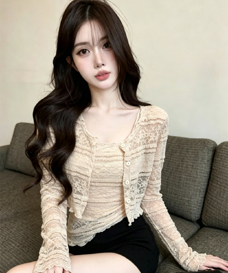 실사 가을 달콤함 레이스 홀로우 아웃 긴팔 몸매 가꾸기 자외선 차단 오픈 가디건 티셔츠 이중층 레이스 슬립 투피스 세트