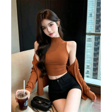 批发实拍秋季性感收腰吊带背心+长袖辣妹短款披肩两件套