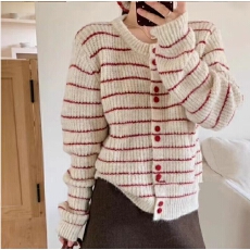 批发洋气韩系纽扣条纹<b class='q'>针织</b><b class='q'>开衫</b>女2025秋冬新款宽松<b class='q'>圆领</b>毛衣百搭外套